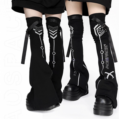 Reflective Leg Warmers Black Cyberpunk Design Techwear Flared Print
