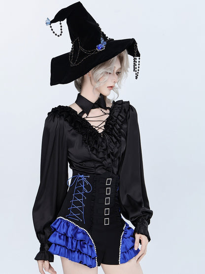 All Black Lace-up Ruffled V-neck Long Sleeves Backless Shirt - DevilInspired Exclusive Collection