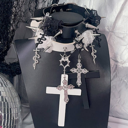 Studs Black/White And Pendant Choker Decorated Lace Cross