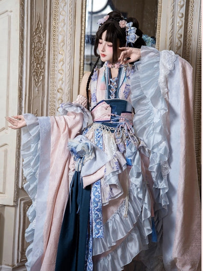 Porcelain Theme Asymmetrical Flounce Hem Lolita Dress Set with Detachable Sleeves - Your Highness