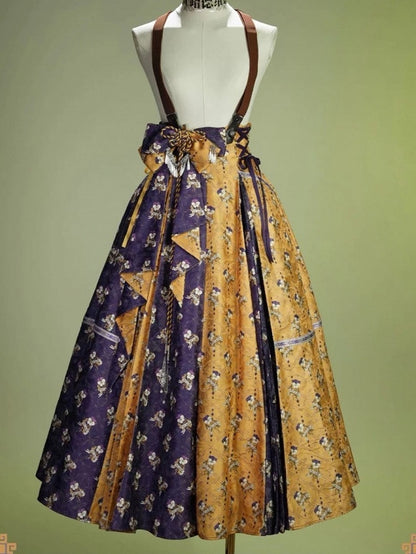 Yellow & Purple Floral Print Lace-up Straps Lolita SK Dress - Neoludwig