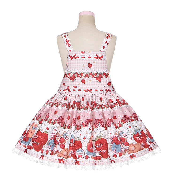 Spring Strawberry and Rabbit Print Big Bow Rabbit Ears Design Light Pink Sweet Lolita Overall Dress