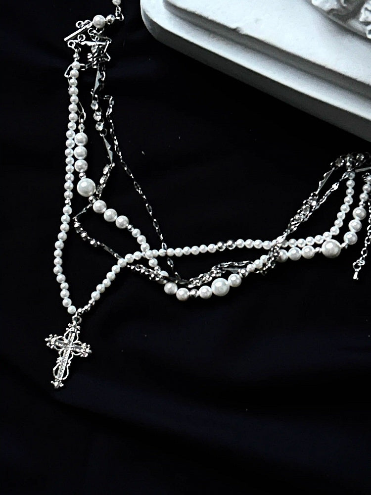 Rot/Weiße Gothic Lolita Halskette mit Kreuzanhänger