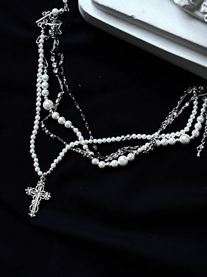 Rot/Weiße Gothic Lolita Halskette mit Kreuzanhänger