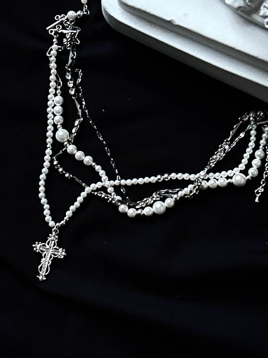 Rot/Weiße Gothic Lolita Halskette mit Kreuzanhänger