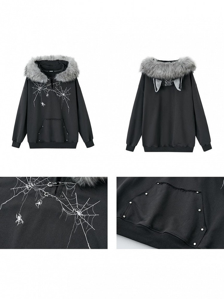 Fur Faux Trim Hoodie Cat with Ear Gray Spiderweb Punk Dark Print