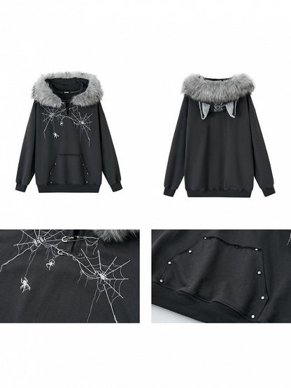 Fur Faux Trim Hoodie Cat with Ear Gray Spiderweb Punk Dark Print
