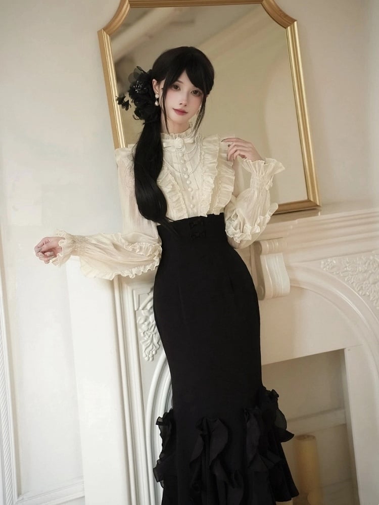 Beige Long Sleeve Blouse & Black Mermaid Skirt Boned Waist Lolita Dress - With PUJI
