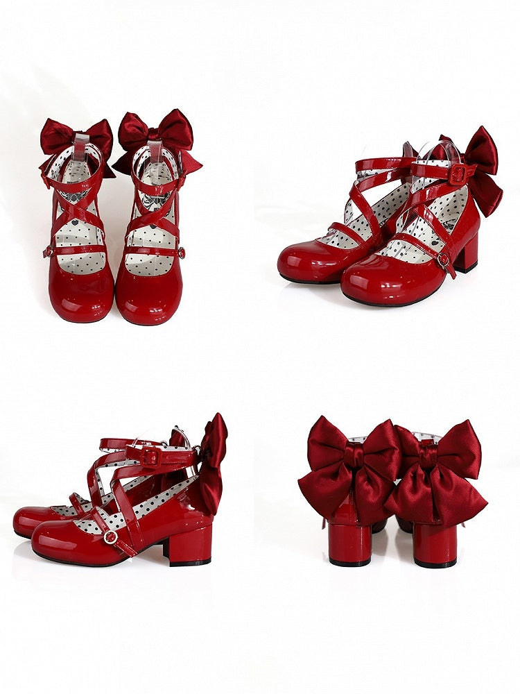 Akzentschleife, überkreuzte Absätze, mittelrotes Design, süße Zehenpartie, rund – Lolita