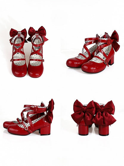 Akzentschleife, überkreuzte Absätze, mittelrotes Design, süße Zehenpartie, rund – Lolita