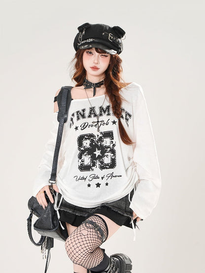 Seitlicher asymmetrischer Ausschnitt mit Zahlen- und Buchstabendruck und Kordelzug