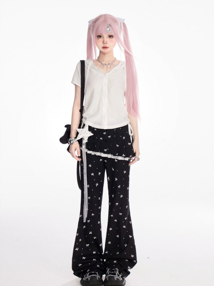 リボンプリントフレアパンツ ブラック ゴムウエスト オールオーバー