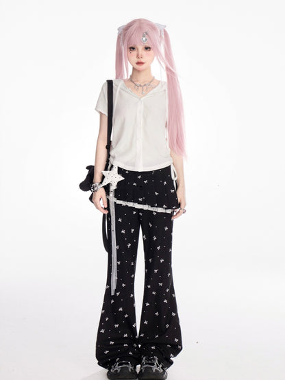 リボンプリントフレアパンツ ブラック ゴムウエスト オールオーバー