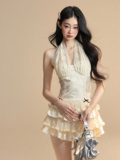 Dress Apricot Halter Neck Contrast Lace Patches Tiered Ruffles