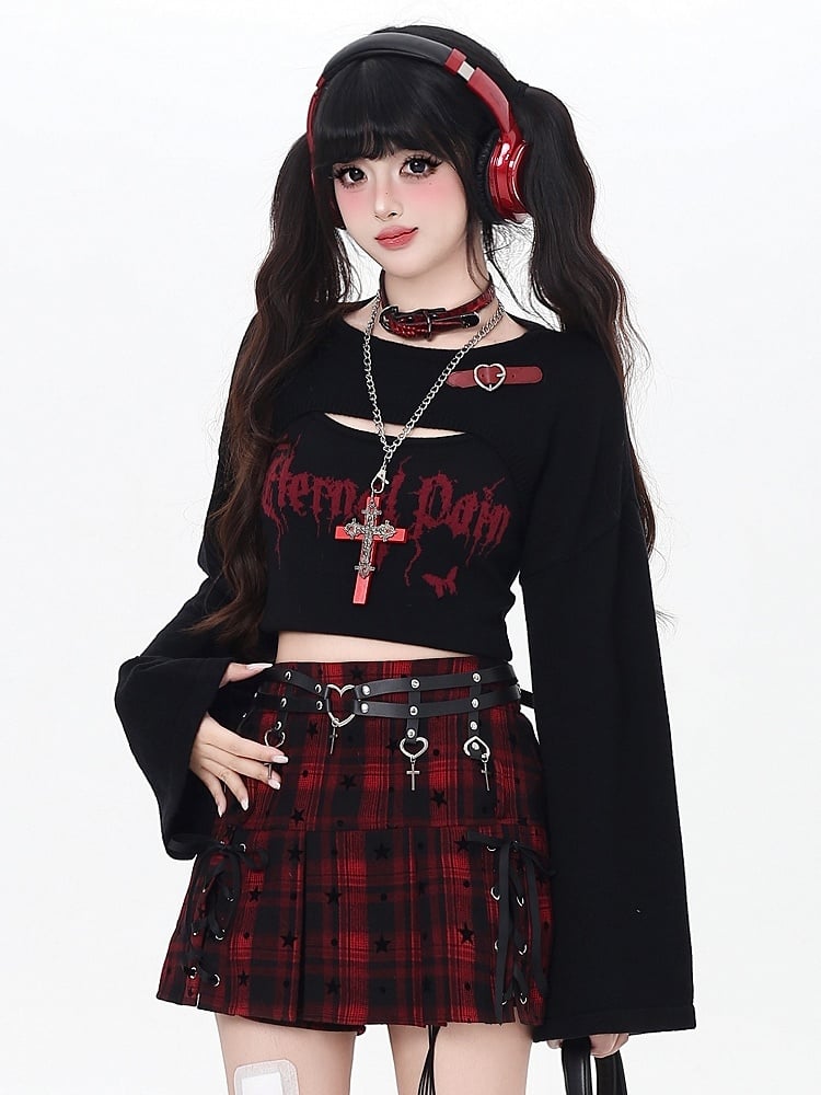 Black/Wine Buckle Bittersweet - Sleeves Long Set Butterfly Top Print Red with Cropped Letter Heart Decor Cami