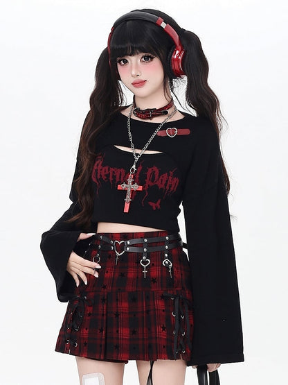 Black/Wine Buckle Bittersweet - Sleeves Long Set Butterfly Top Print Red with Cropped Letter Heart Decor Cami