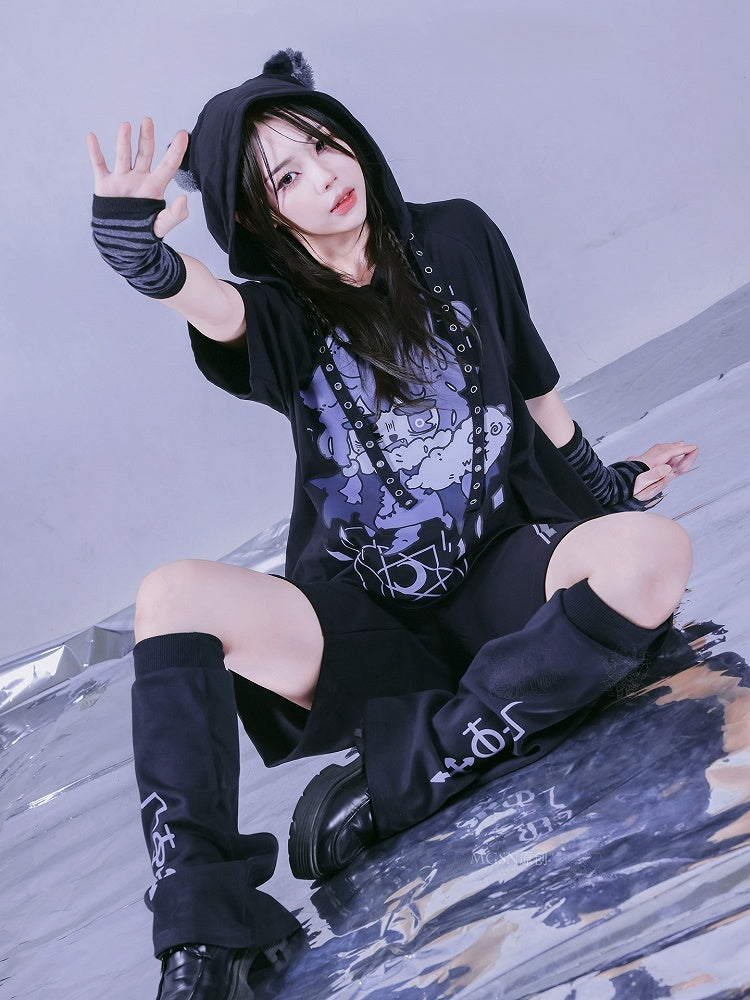 Wolf Cartoon Ears Drawstrings Black with Print and Hooded T-Shirt Strap