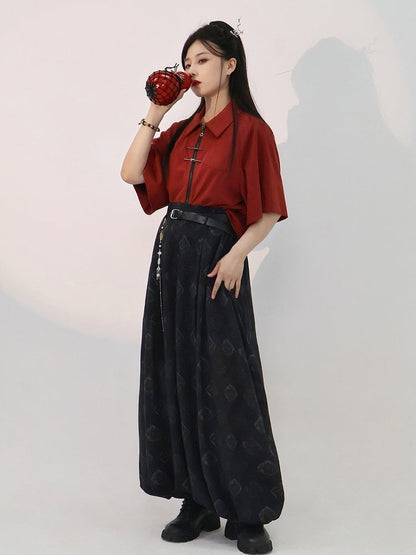 Chinese Red Short Sleeve Cotton Top Metal Frog Fastener