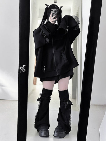 Jirai Black Tie Bow Hoodie Ear Zip with Lace Bunny Kei