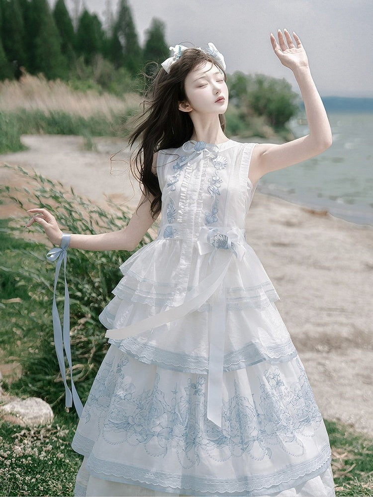 White Sheer Blue Shell Embroidered Lace Vest with Self-Tie - Yimu Walnut