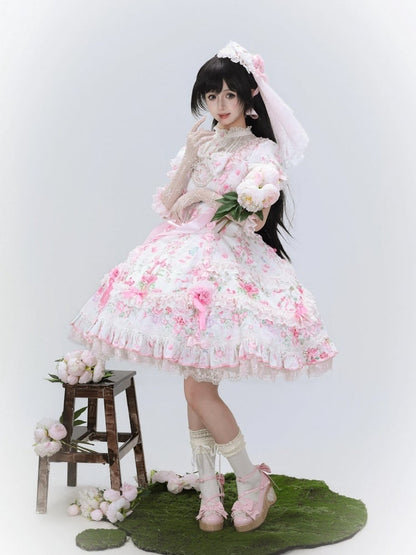 Sweet Floral Old-School OP Dress with Puff Sleeves & Tiered Skirt - Cat Magician