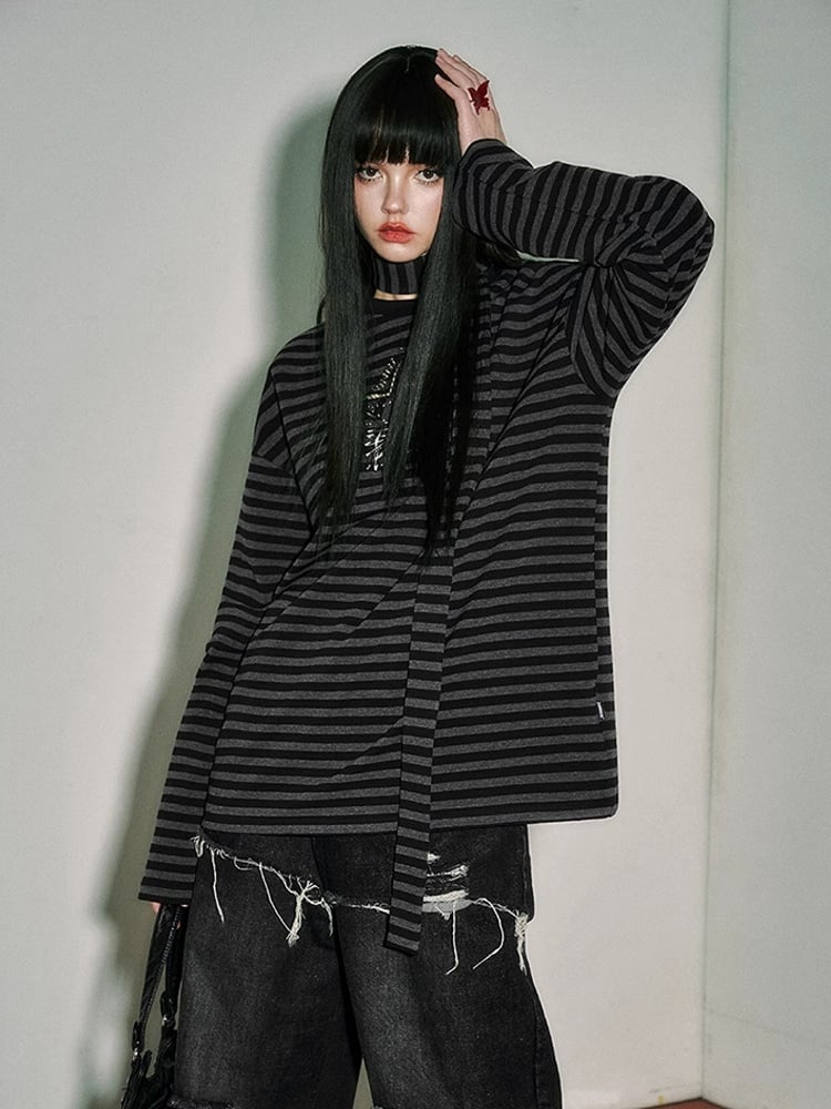 Punk Star Black Striped Top Pins Sleeves and Loose Gray Long