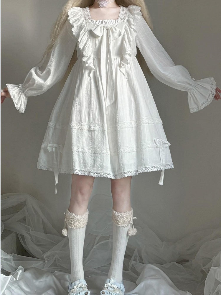 White Princess Lace Trim Bowknot Long Sleeve Lolita Dress - AMAHAKAWA