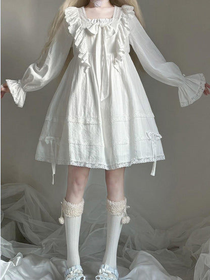 White Princess Lace Trim Bowknot Long Sleeve Lolita Dress - AMAHAKAWA