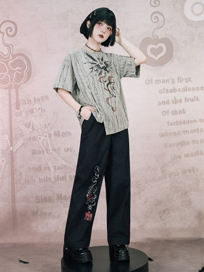 Black Totem Print Straight-Leg Pants with Drawstring Cuffs - Quirky Hut