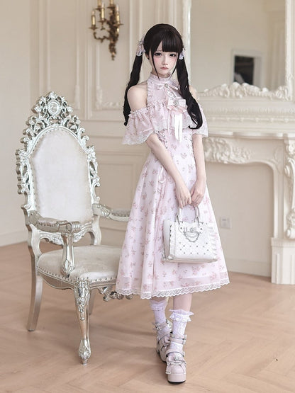 Floral Print Long Dress with Rhinestone Bow Tie - Ekomi