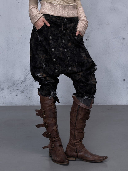 - Elastic Harem Cropped Partial Wasteland with Distressed Punk Waistband Design Jeans Black