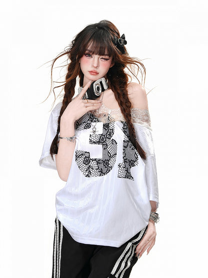 Black Lace Number Design White Asymmetrical Neckline Lace Patches Neckline Loose T-Shirt