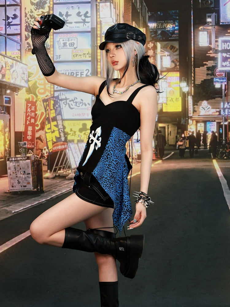 Trägerloses Top Schwarz Glamorous Gyaru Blaue Leoparden Patches Y2K