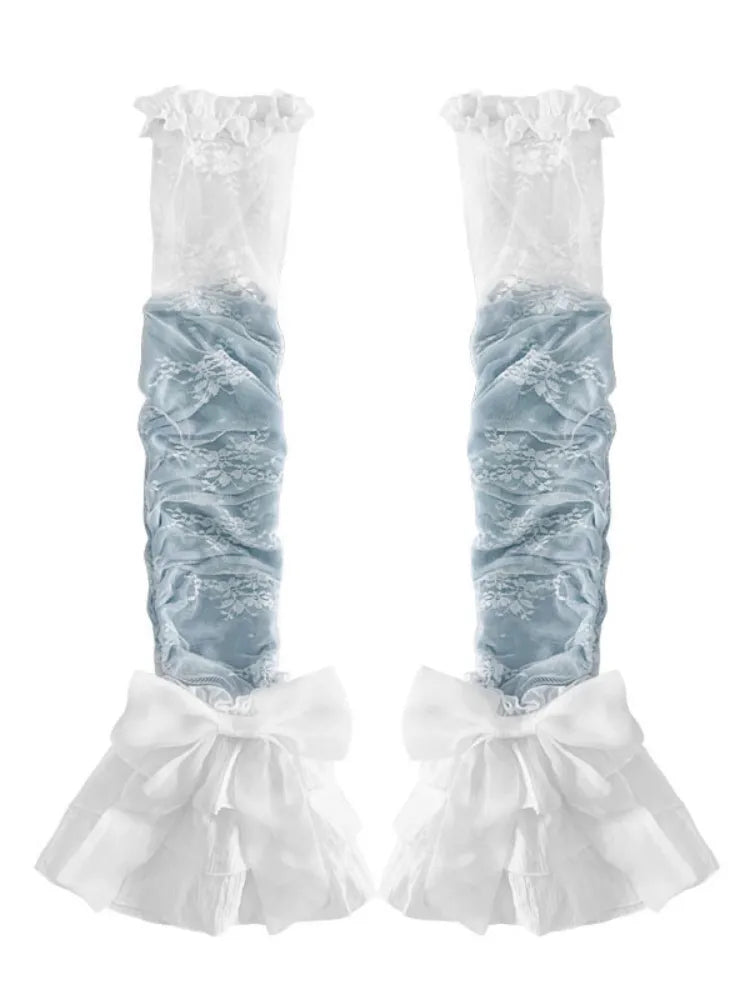 詳細 レースの袖、ティアード、ピンク/ブルー、レッグカフス、蝶結び