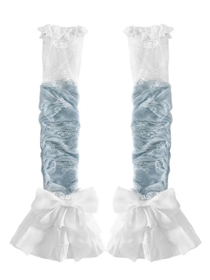 詳細 レースの袖、ティアード、ピンク/ブルー、レッグカフス、蝶結び