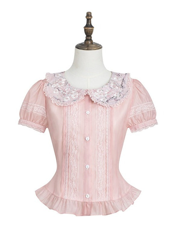 Pink Peter Pan Collar Fitted Waist Floral Embroidery Blouse - Yimu Walnut