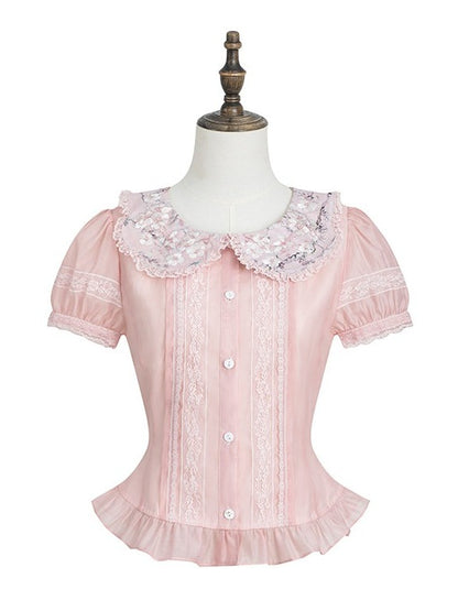 Pink Peter Pan Collar Fitted Waist Floral Embroidery Blouse - Yimu Walnut