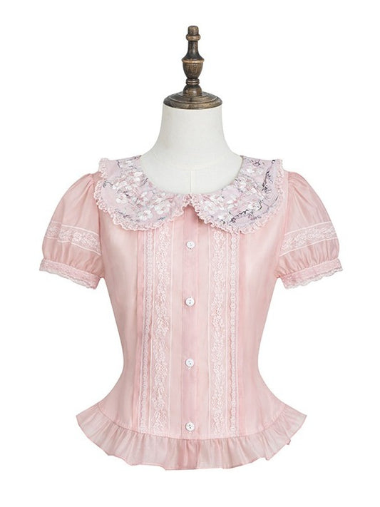 Pink Peter Pan Collar Fitted Waist Floral Embroidery Blouse - Yimu Walnut