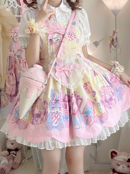 Dress Gift Sweet Yellow Box Print Overall Bunny and Lolita