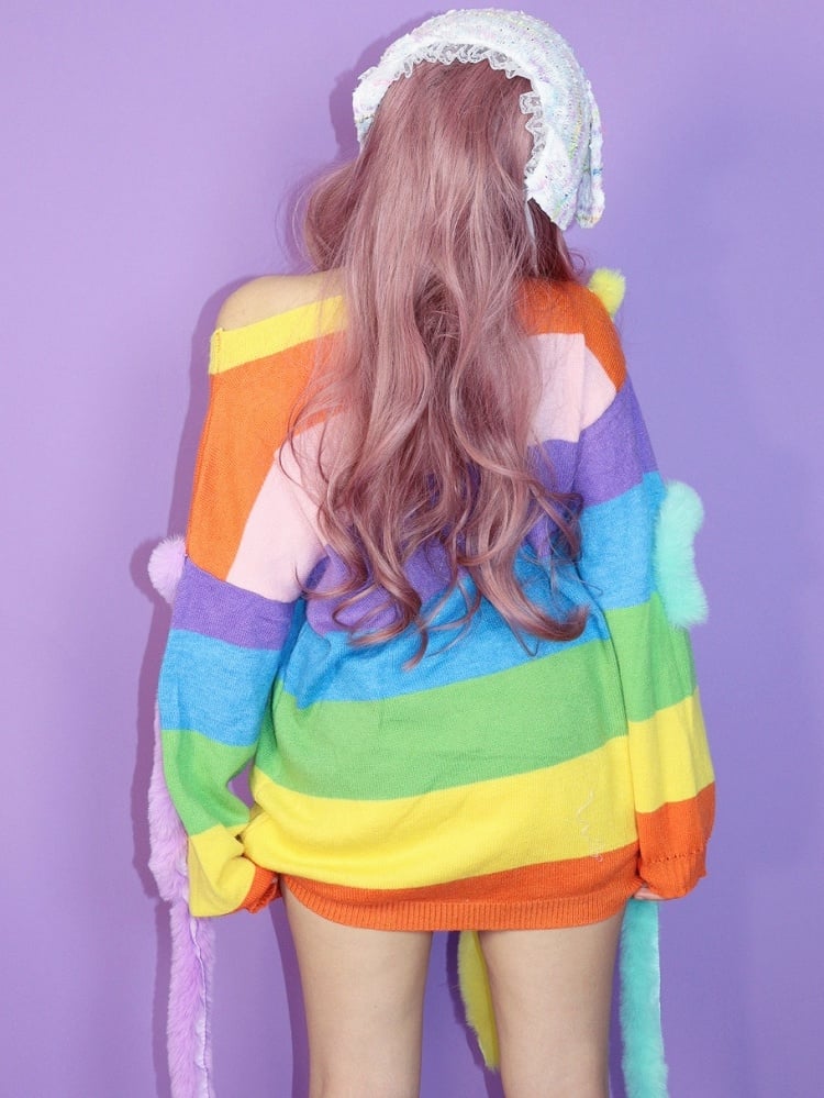 Y2K Striped Pattern Knitted Sweater Colorful Rainbow