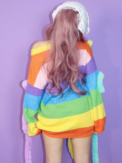 Y2K Striped Pattern Knitted Sweater Colorful Rainbow
