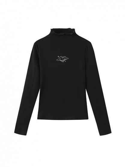 Knitted with Print Heart Minimalist Black Slim-fitting Top