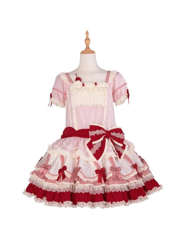 and Bowknot Red Dress Lolita Sweet Pink Hem Dropped Layered Waist Details