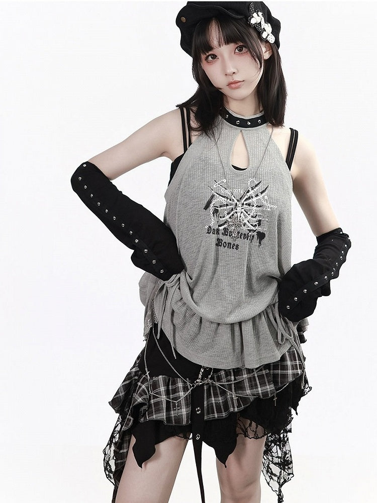 Skeleton Print Gray Studded Halter Sleeveless Peplum Top - PINK SAVIOR