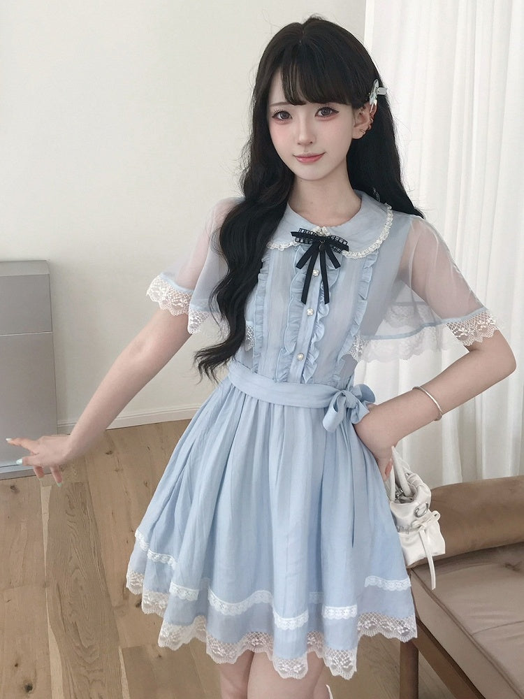 Blue Tulle Cape Peter Pan Collar Dress with Bow Tie Seiso Style - LA LA JK