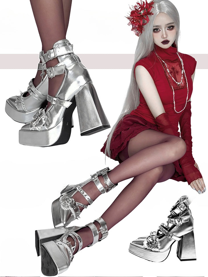 Gothic Silber Kreuz Herz Schnalle Riemen Nieten Plateau High Block Heels