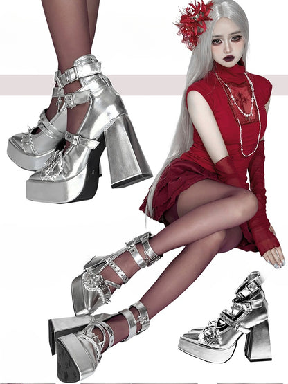 Gothic Silber Kreuz Herz Schnalle Riemen Nieten Plateau High Block Heels