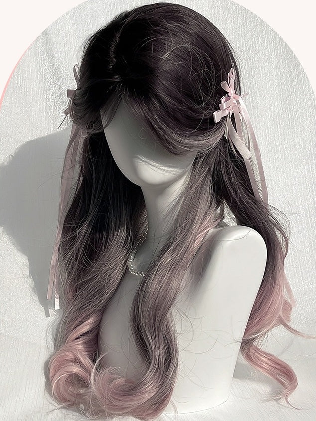 Pink Highlight Long Wavy Wig With Curtain Bangs