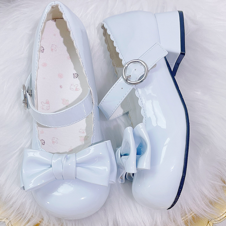 Sweet Lolita Mary Janes à bout rond et talon carré et nœud papillon bleu