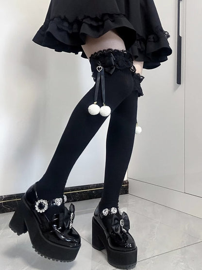 ジライケイ ポンポンディテール レースカフス 蝶結び オーバーニーストッキング